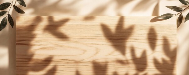 Wall Mural - Sunlight creating a beautiful backdrop with leaf shadows on a wooden table