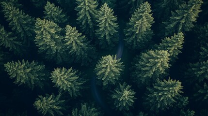 Poster - Aerial view of lush green pine forest with dense foliage capturing the beauty of nature in a serene landscape