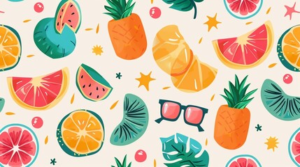 Wall Mural - a pattern of fruit and sunglasses on a white background