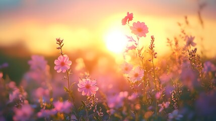 Wall Mural - a field of flowers with the sun setting in the background