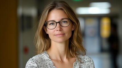 Poster - A woman wearing glasses is smiling for the camera. She is wearing a white shirt with a black pattern