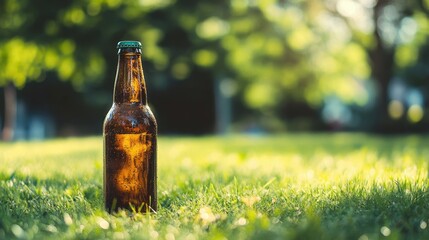 beer bottle near becnh in park, blurred background