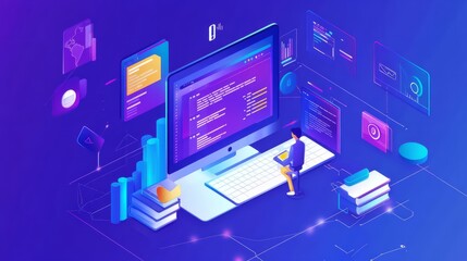 Data-Driven Decisions: Isometric illustration of a programmer working on a computer surrounded by data visualizations and digital elements, symbolizing the power of data analytics and technology.