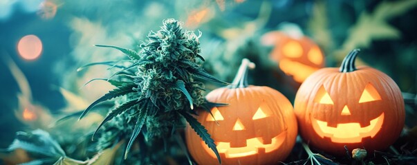 Sticker - Cannabis flower is posed with a glowing jack-o'-lantern for a festive halloween scene