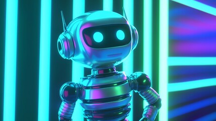 Wall Mural - a futuristic robot stands in a neon-lit room.