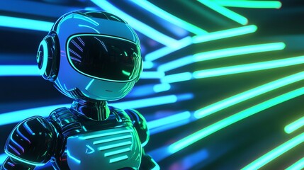 Wall Mural - a chrome robot stands in front of a glowing, neon light background.