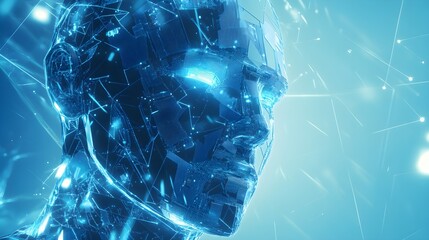 Abstract digital AI robot on circuit board light blue background.