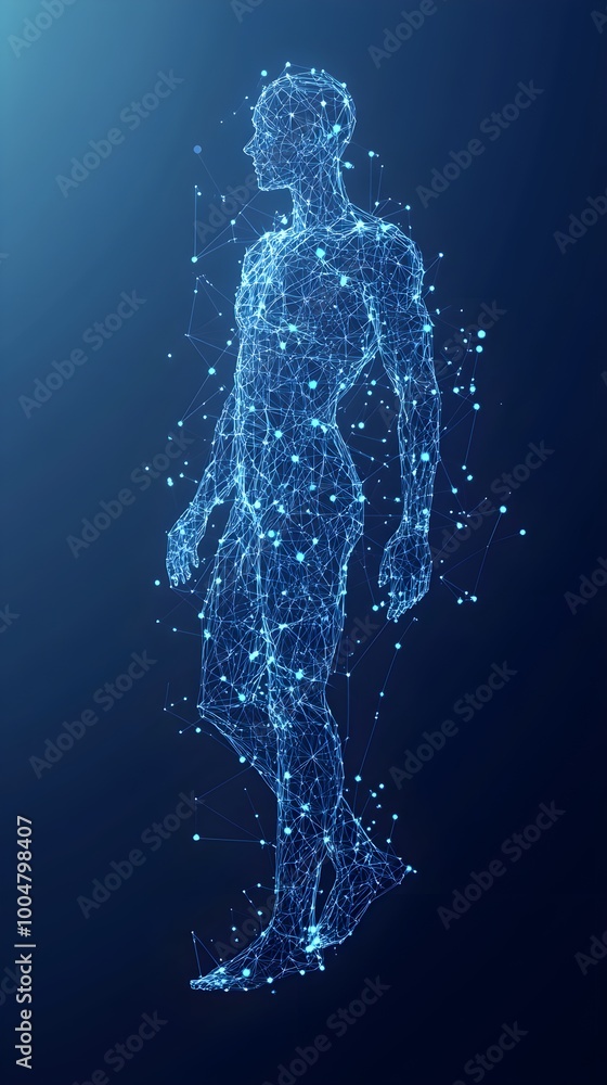 Abstract digital human body. Polygonal wireframe silhouette. Low poly anatomy blue background.