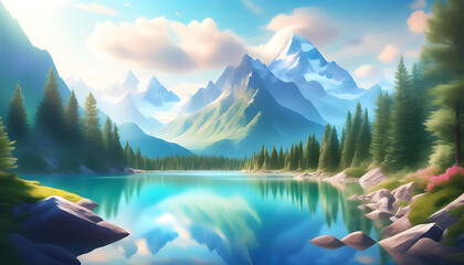 Wall Mural - Fascinating scenery of mountains and lakes, presenting natural beauty and dreamlike elements in an appealing vista.