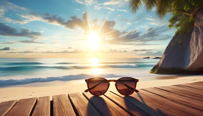 Wall Mural - chic sunglasses resting on sandy beach with ocean waves and sunny skies in the background