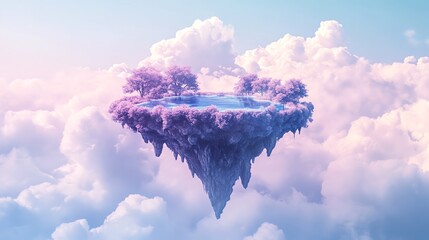 Wall Mural - floating island with trees and a lake surrounded by clouds.