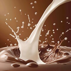 A splash of milk being poured into a pool of liquid chocolate creating a crown of milk and chocolate droplets against a brown background.