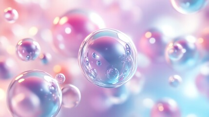 Wall Mural - A soft and ethereal abstract background featuring iridescent bubbles floating in a dreamy pink and blue gradient.
