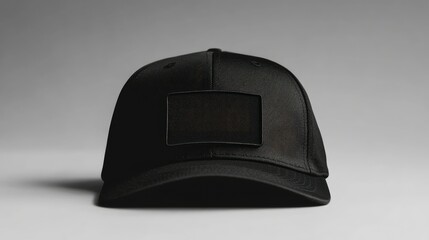 a black baseball cap with a blank patch on the front.
