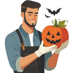 Flat-style illustration of a man joyfully holding a Halloween pumpkin. Perfect for Halloween-themed content, festive decorations, and seasonal designs. Simple and cheerful composition