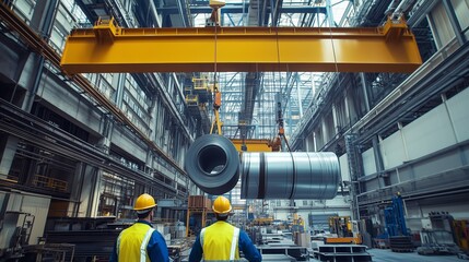 Canvas Print - Industrial workers oversee the lifting of a steel coil in a large manufacturing facility during the day