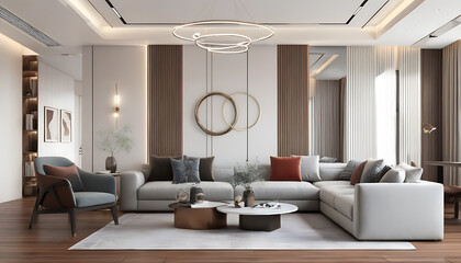 Wall Mural - Cozy modern living room design with a blend of furniture and art