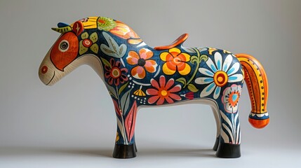 Wall Mural - Vibrant Hand-Painted Scandinavian Dala Horse. Traditional Folk Art with Colorful Floral Patterns, Celebrating Swedish Heritage and Culture