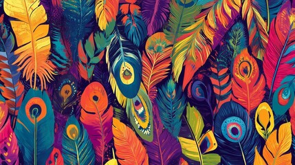 Sticker - Colorful tropical foliage artwork featuring vibrant feathers in a vivid, abstract style on a dark background