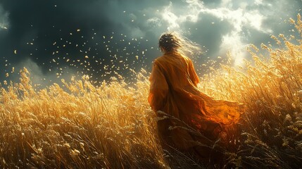 Poster - Woman in a Golden Field with Wind and Sunlight