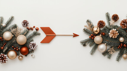 A red arrow points between two sprigs of greenery with Christmas ornaments and pine cones. 