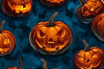 Wall Mural - Seamless halloween pumpkin pattern with spooky carved faces glowing against a blue backdrop