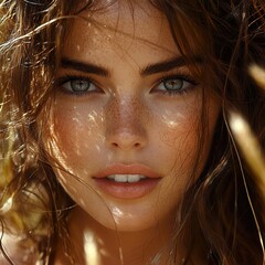 Canvas Print - Close-Up Portrait of a Beautiful Woman with Freckles and Sun-Kissed Skin