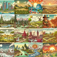 Funny cartoon landscapes. AI generated illustration