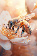 A close-up of a honeybee collecting nectar from a delicate flower.