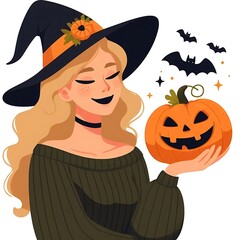 Flat-style illustration of a woman joyfully holding a Halloween pumpkin. Perfect for Halloween-themed content, festive decorations, and seasonal designs. Simple and cheerful composition