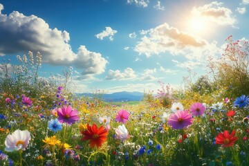 Beautiful spring meadow with colorful wildflowers, a blue sky, and the sun shining in the background. 