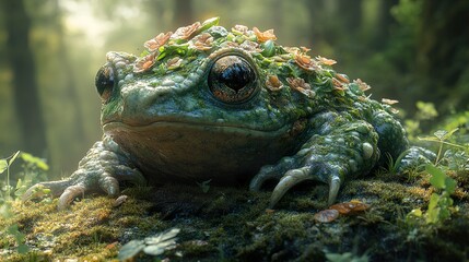 Canvas Print - Close Up of a Moss Covered Frog in a Forest