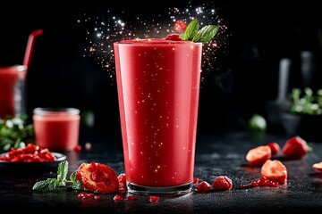 Poster - A weight loss smoothie made from glowing, magical fruits, floating in a mystical kitchen, where ingredients seem to swirl with light and energy