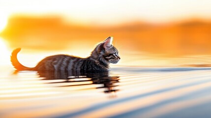 Canvas Print - A small kitten sitting in the water with a sunset behind it, AI