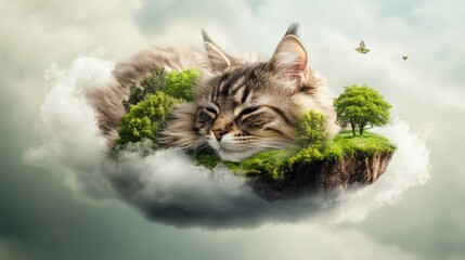 Canvas Print - A cat sleeping on a cloud with trees and birds, AI