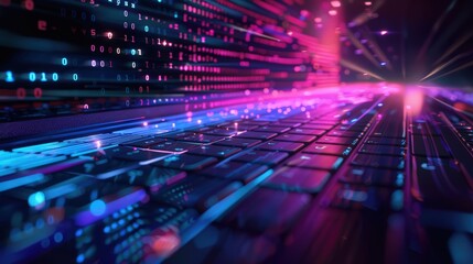 Laptop with digital data flow in neon colour from the screen against dark background