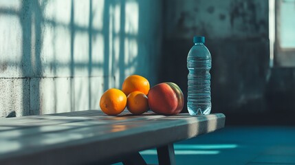 Wall Mural - A bottle of water, a mango, and three oranges on a wooden bench in a room with a concrete wall.