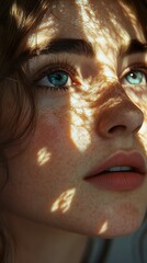 Sticker - Close-up Portrait of a Woman with Blue Eyes and Freckles