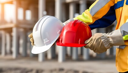 Builder proudly holds a protective helmet, symbolizing safety and professionalism at a busy construction site, emphasizing the importance of protective clothing for workers.