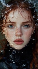 Wall Mural - Water Splash Portrait: Redhead Woman with Blue Eyes