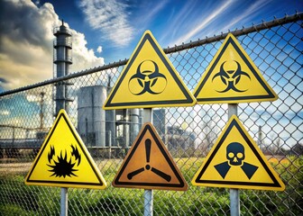 caution: various danger signs indicating hazardous conditions and safety precautions in environment