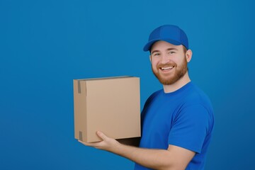 Smiling delivery man in blue uniform holding a cardboard box