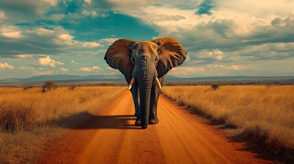 A large African elephant walks down a dirt road in a savanna landscape with a blue sky and fluffy clouds in the background.