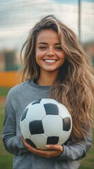 Radiant young woman with flowing hair holds soccer ball, her bright smile and casual attire embodying the joy of sports on a sunny field day.