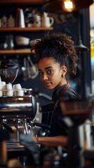 Skilled barista prepares coffee at a trendy cafe counter, surrounded by espresso machines and coffee equipment. Her focused expression shows dedication to craftsmanship.