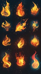 Wall Mural - lively collection of dancing fire flames creating art on dark canvas image