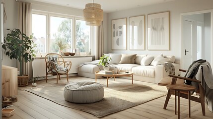 Scandinavian-style living room with light wood floors, cozy textiles, and neutral tones