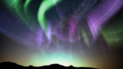 Wall Mural - aurora purple green and milky way galaxy over horizon southwest tilt up