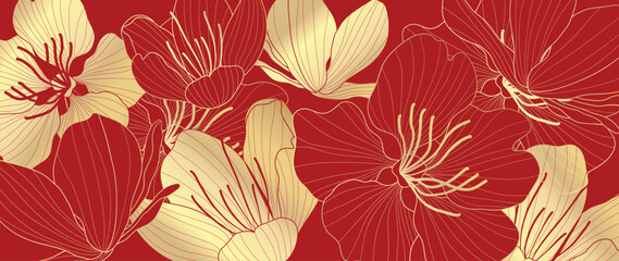 chinese new year luxury pattern background vector. oriental peony flower gold line art texture on re