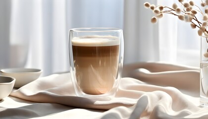 Serene morning still life featuring coffee and milk in a clear glass